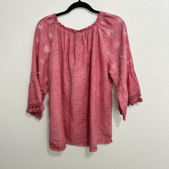 Ali Miles Pink Embroidered Linen Tunic Top Blouse 3/4 Flared Sleeves Size XL - Picture 5 of 10